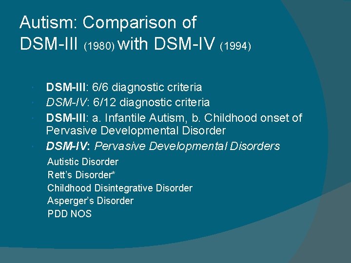Autism: Comparison of DSM-III (1980) with DSM-IV (1994) DSM-III: 6/6 diagnostic criteria DSM-IV: 6/12