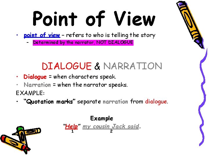 Point of View • point of view – refers to who is telling the