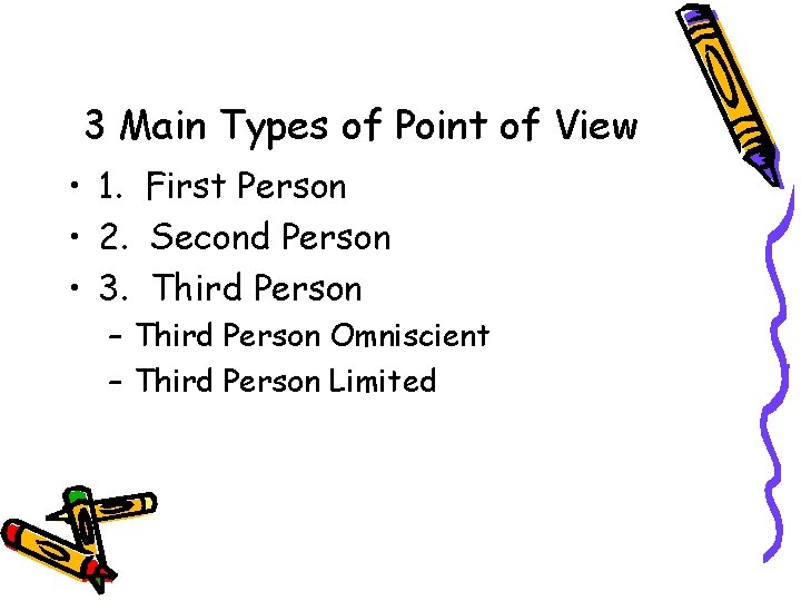 3 Main Types of Point of View • 1. First Person • 2. Second