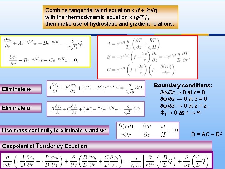 Combine tangential wind equation x (f + 2 v/r) with thermodynamic equation x (g/T