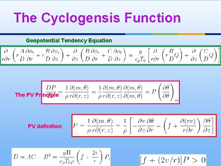 The Cyclogensis Function Geopotential Tendency Equation The PV Principle PV definition 