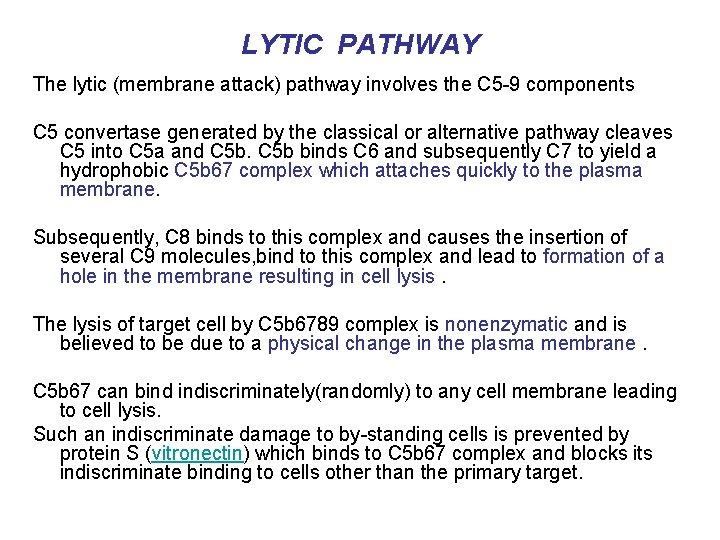 LYTIC PATHWAY The lytic (membrane attack) pathway involves the C 5 -9 components C