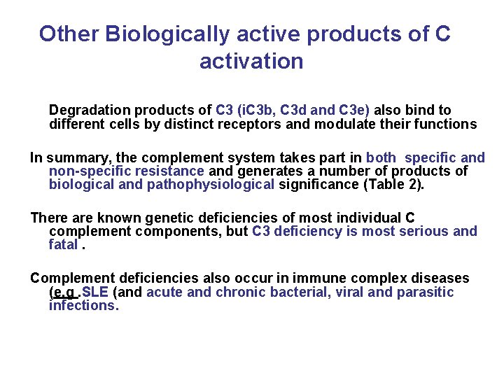 Other Biologically active products of C activation Degradation products of C 3 (i. C