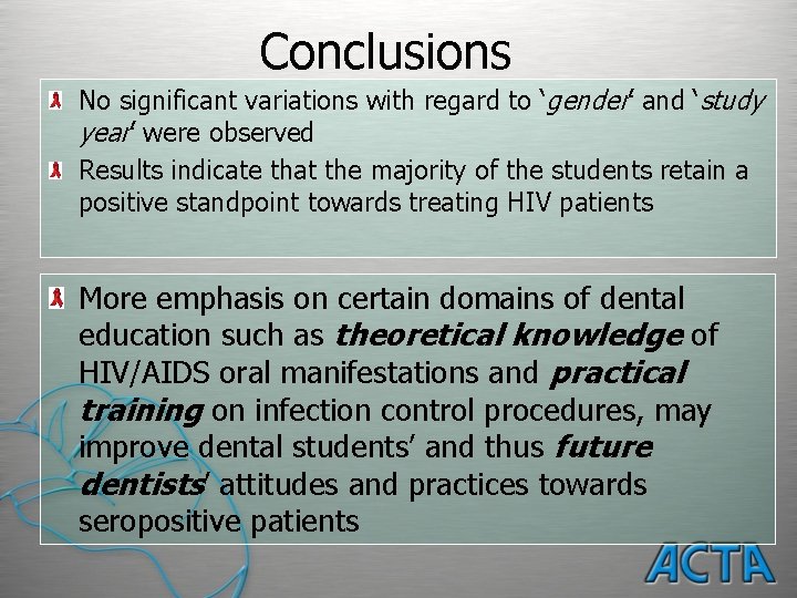 Conclusions No significant variations with regard to ‘gender’ and ‘study year’ were observed Results