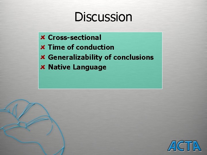 Discussion Cross-sectional Time of conduction Generalizability of conclusions Native Language 