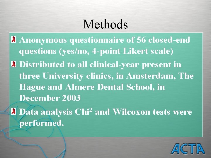 Methods Anonymous questionnaire of 56 closed-end questions (yes/no, 4 -point Likert scale) Distributed to
