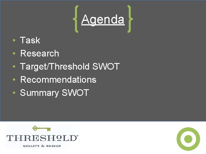 Agenda • • • Task Research Target/Threshold SWOT Recommendations Summary SWOT 