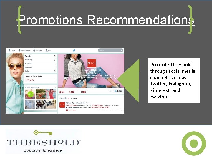 Promotions Recommendations Promote Threshold through social media channels such as Twitter, Instagram, Pinterest, and