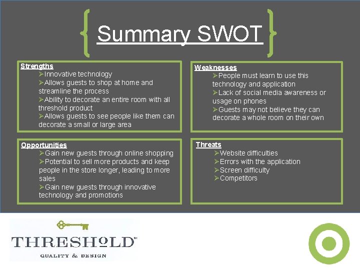 Summary SWOT Strengths ØInnovative technology ØAllows guests to shop at home and streamline the