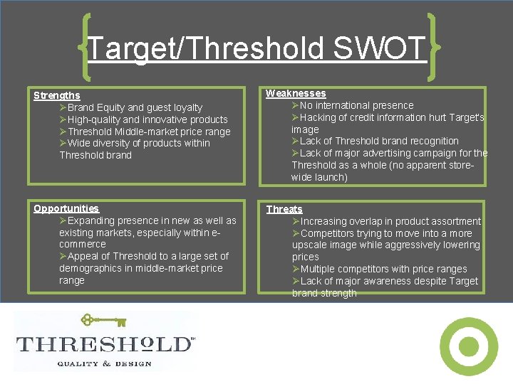Target/Threshold SWOT Strengths ØBrand Equity and guest loyalty ØHigh-quality and innovative products ØThreshold Middle-market
