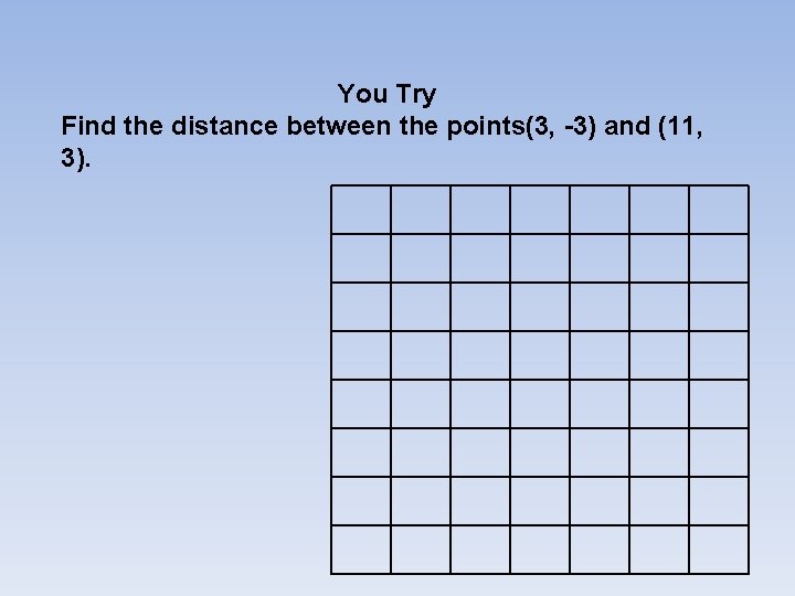 You Try Find the distance between the points(3, -3) and (11, 3). 