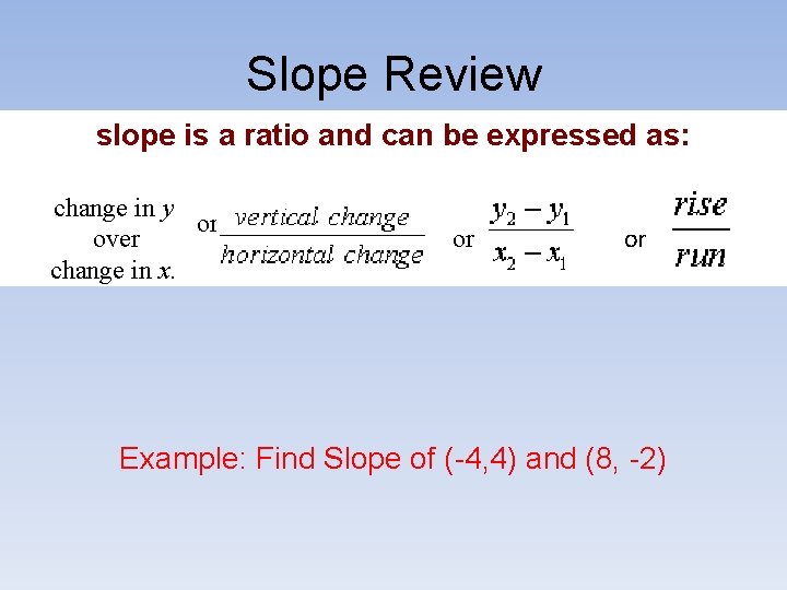 Slope Review slope is a ratio and can be expressed as: change in y