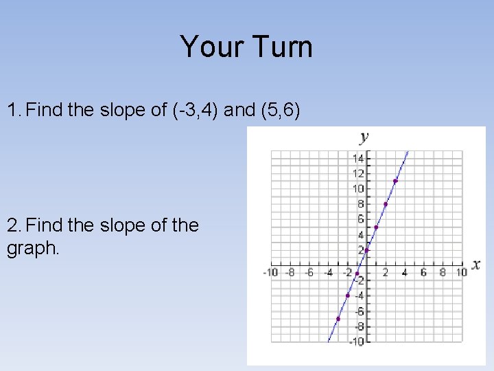 Your Turn 1. Find the slope of (-3, 4) and (5, 6) 2. Find