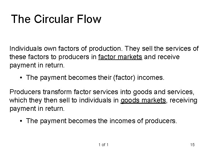 The Circular Flow Individuals own factors of production. They sell the services of these