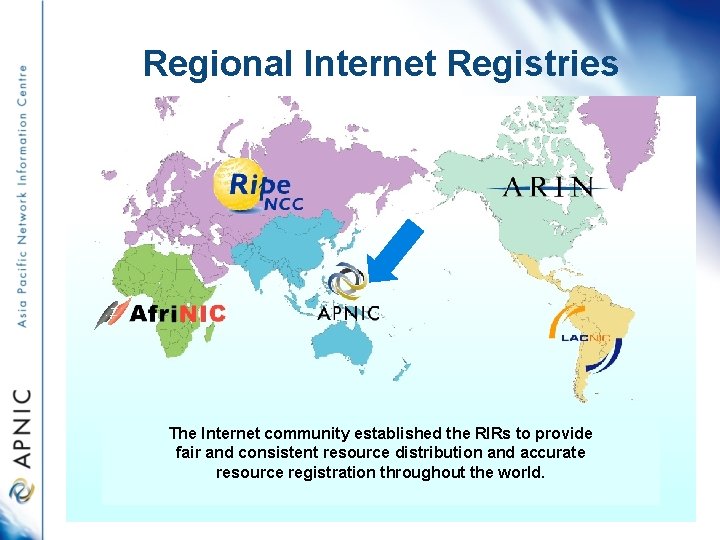 Regional Internet Registries The Internet community established the RIRs to provide fair and consistent