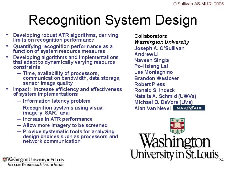 O’Sullivan AS-MURI 2006 Recognition System Design • • Developing robust ATR algorithms, deriving limits O’Sullivan AS-MURI 2006 Recognition System Design • • Developing robust ATR algorithms, deriving limits