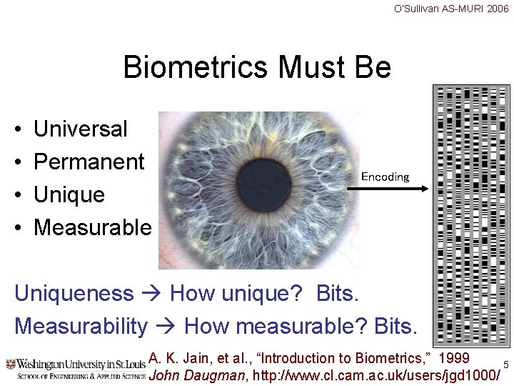 O’Sullivan AS-MURI 2006 Biometrics Must Be • • Universal Permanent Unique Measurable Encoding Uniqueness O’Sullivan AS-MURI 2006 Biometrics Must Be • • Universal Permanent Unique Measurable Encoding Uniqueness