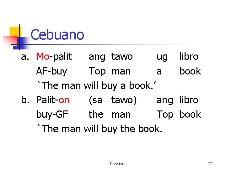 Cebuano a. Mo-palit AF-buy `The man b. Palit-on buy-GF `The man ang tawo ug