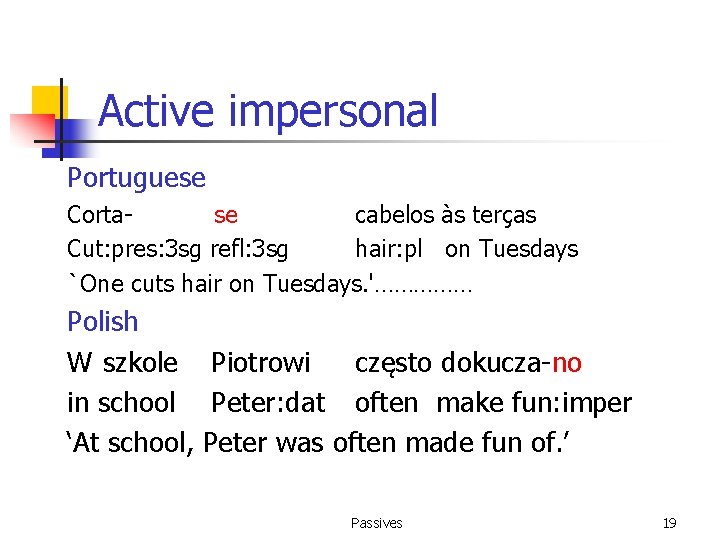 Active impersonal Portuguese Cortase cabelos às terças Cut: pres: 3 sg refl: 3 sg