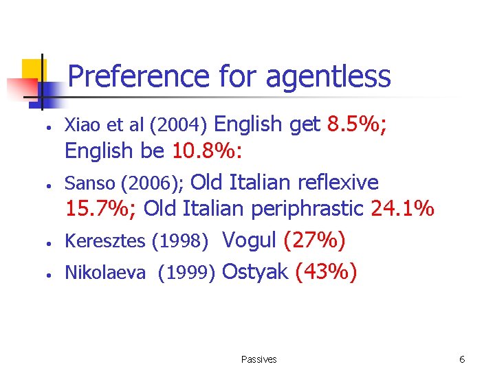 Preference for agentless • • Xiao et al (2004) English get 8. 5%; English