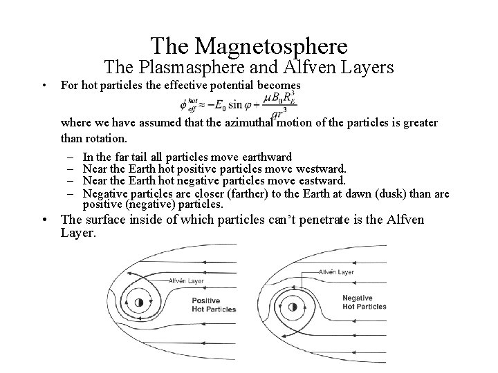 The Magnetosphere • The Plasmasphere and Alfven Layers For hot particles the effective potential