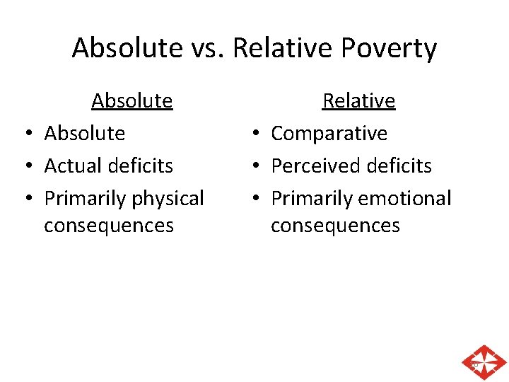 Absolute vs. Relative Poverty Absolute • Actual deficits • Primarily physical consequences Relative •