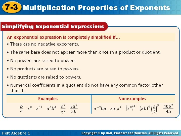 7 -3 Multiplication Properties of Exponents Holt Algebra 1 