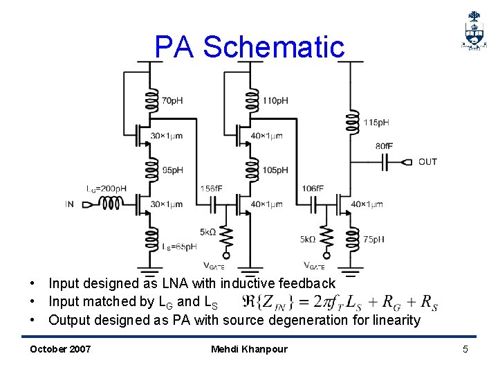 PA Schematic • Input designed as LNA with inductive feedback • Input matched by