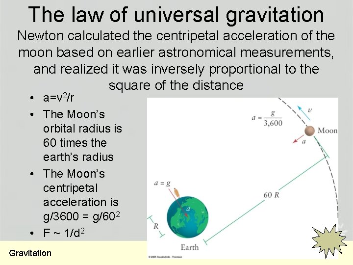 The law of universal gravitation Newton calculated the centripetal acceleration of the moon based