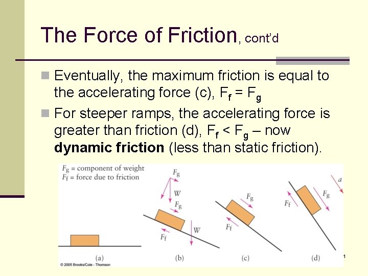 The Force of Friction, cont’d n Eventually, the maximum friction is equal to the