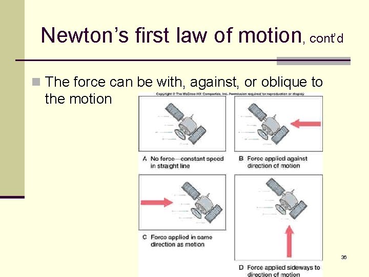 Newton’s first law of motion, cont’d n The force can be with, against, or