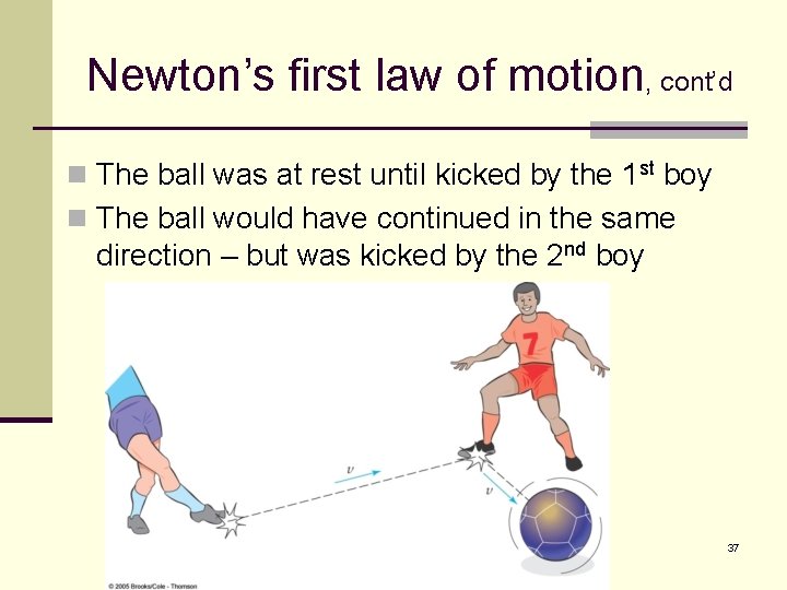 Newton’s first law of motion, cont’d n The ball was at rest until kicked