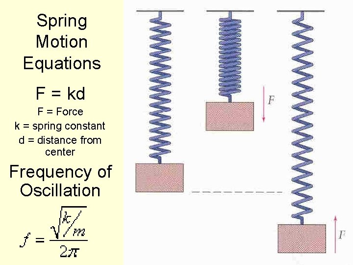 Spring Motion Equations F = kd F = Force k = spring constant d