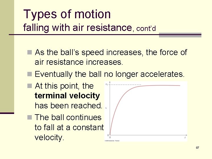 Types of motion falling with air resistance, cont’d n As the ball’s speed increases,