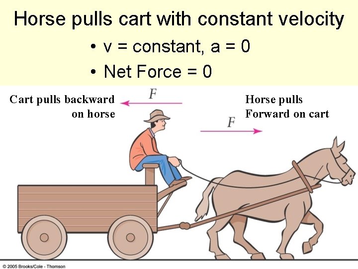 Horse pulls cart with constant velocity • v = constant, a = 0 •