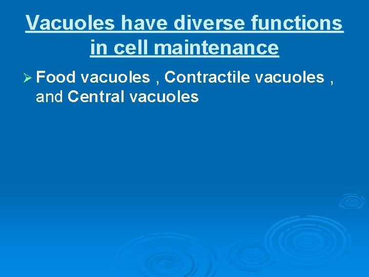 Vacuoles have diverse functions in cell maintenance Ø Food vacuoles , Contractile vacuoles ,