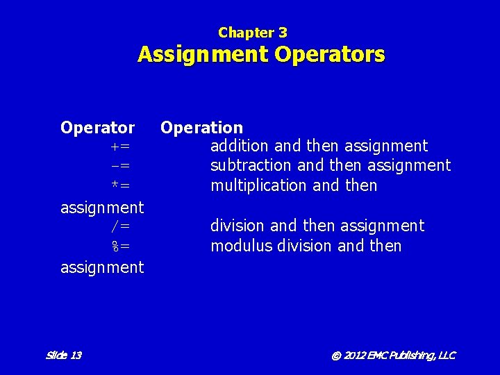 Chapter 3 Assignment Operators Operator Operation += addition and then assignment -= subtraction and