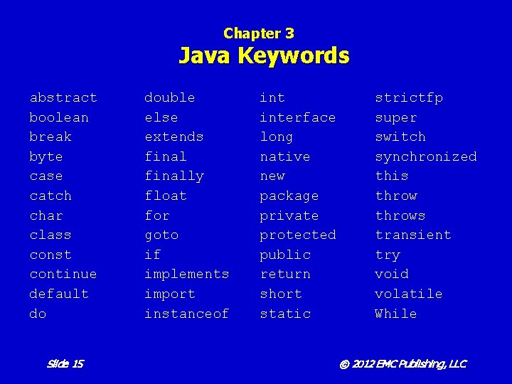 Chapter 3 Java Keywords abstract boolean break byte case catch char class const continue