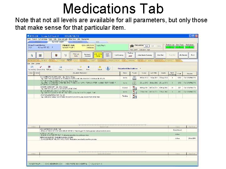 Medications Tab Note that not all levels are available for all parameters, but only