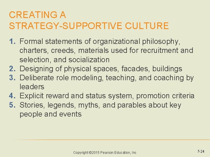 CREATING A STRATEGY-SUPPORTIVE CULTURE 1. Formal statements of organizational philosophy, charters, creeds, materials used CREATING A STRATEGY-SUPPORTIVE CULTURE 1. Formal statements of organizational philosophy, charters, creeds, materials used
