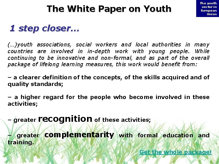 The White Paper on Youth The youth sector in European Union 1 step closer… The White Paper on Youth The youth sector in European Union 1 step closer…