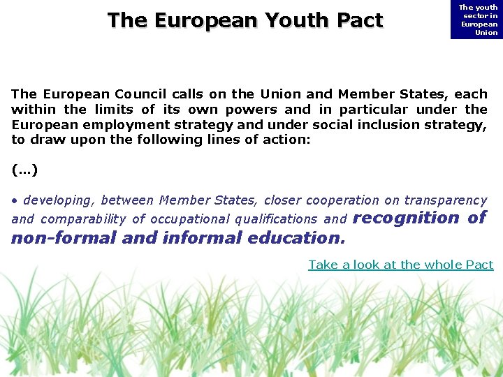 The European Youth Pact The youth sector in European Union The European Council calls The European Youth Pact The youth sector in European Union The European Council calls