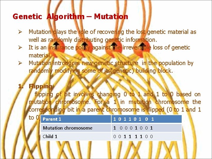 Genetic Algorithm – Mutation Ø Mutation plays the role of recovering the lost genetic