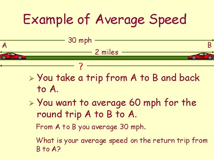 Example of Average Speed 30 mph A 2 miles B ? You take a