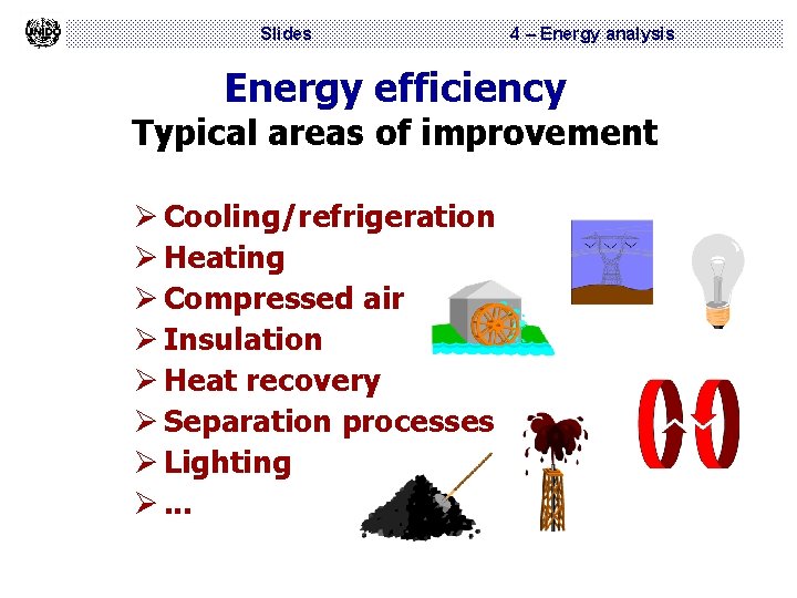 Slides 4 – Energy analysis Energy efficiency Typical areas of improvement Ø Cooling/refrigeration Ø