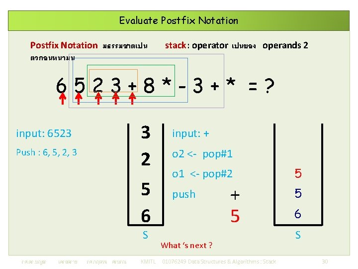 Evaluate Postfix Notation มธรรมชาตเปน ตวกอนหนามน stack: operator เปนของ operands 2 6523+8*-3+* =? 3 2