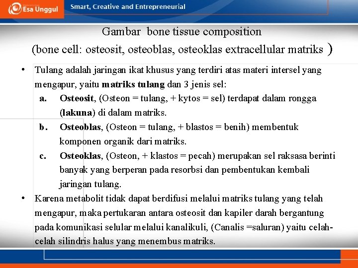 Gambar bone tissue composition (bone cell: osteosit, osteoblas, osteoklas extracellular matriks ) • Tulang