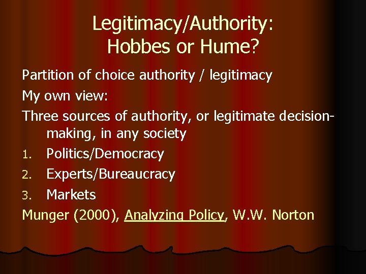 Legitimacy/Authority: Hobbes or Hume? Partition of choice authority / legitimacy My own view: Three