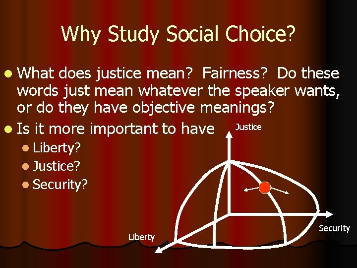 Why Study Social Choice? l What does justice mean? Fairness? Do these words just