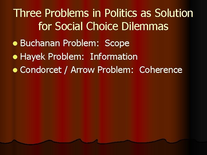 Three Problems in Politics as Solution for Social Choice Dilemmas l Buchanan Problem: Scope